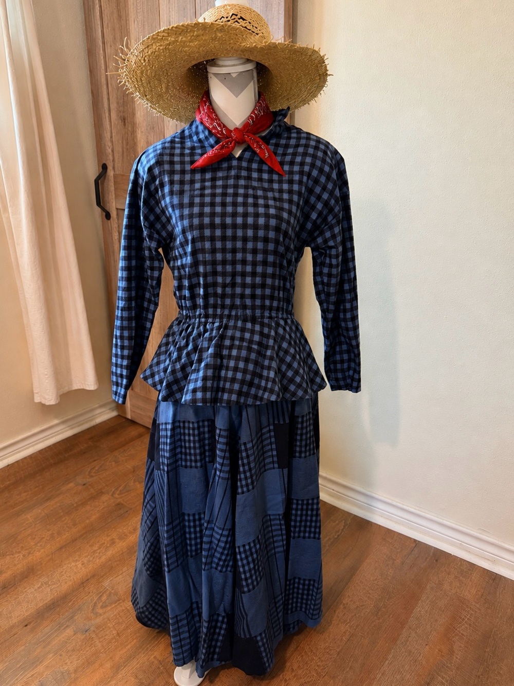 Vintage Handmade 2 Pc Prairie Scarecrow Costume Blue Patchwork Halloween